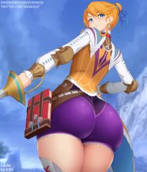 Rule 34 | 1girl, ass, belt, blonde hair, blue eyes, blush, book, commentary request, earrings, falcom, hair bun, jewelry, kainkout, laxia (ys), looking at viewer, looking back, looking down, rapier, single hair bun, skindentation, solo, sword, thick thighs, thighs, weapon, ys, ys viii lacrimosa of dana