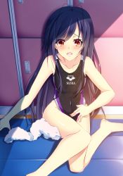 Rule 34 | 10s, 1girl, accel world, arena (company), barefoot, black hair, blush, competition swimsuit, covered navel, kazeoto kirito, kuroyukihime, long hair, one-piece swimsuit, open mouth, orange eyes, red eyes, school swimsuit, solo, swimsuit, towel