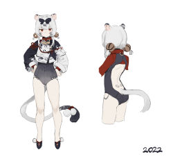 Rule 34 | 1girl, 2022, absurdres, animal ear fluff, animal ears, back cutout, bell, black bow, black footwear, black leotard, blush, bow, chinese zodiac, closed mouth, clothing cutout, collar, covered navel, eyeshadow, grey background, grey hair, hair bell, hair ornament, hands on own hips, highres, leotard, lock, long sleeves, makeup, medium hair, multicolored hair, multiple views, ofuda, original, patterned, patterned clothing, red collar, red eyes, red eyeshadow, sh (shinh), simple background, sketch, solo, standing, tail, talisman, tiger, tiger ears, tiger girl, tiger tail, turtleneck, twintails, white hair, white tiger, wide sleeves, year of the tiger