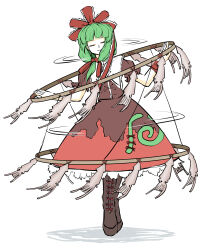 Rule 34 | 1girl, absurdres, arm ribbon, boots, bow, brown footwear, closed eyes, cross-laced footwear, frilled ribbon, frills, front ponytail, full body, green hair, hair bow, hair ribbon, highres, kagiyama hina, peroponesosu., puffy short sleeves, puffy sleeves, red bow, red ribbon, ribbon, short sleeves, simple background, smile, solo, spinning, touhou, white background