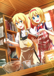 Rule 34 | 2girls, absurdres, alice margatroid, apron, back bow, bag, baking, black vest, blonde hair, blue eyes, blue vest, blush, book, bookshelf, bow, braid, chocolate, collared shirt, cookie cutter, hand on another&#039;s shoulder, headband, highres, holding, holding book, kirisame marisa, multiple girls, notes, open book, open mouth, paper, puffy short sleeves, puffy sleeves, red bow, red headband, shimotsuki aoi, shirt, short hair, short sleeves, smile, star (symbol), table, touhou, turtleneck, vest, white bow, white shirt, window, wooden ceiling, yellow eyes