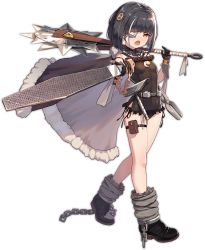 Rule 34 | 1girl, ark order, belt, black cape, black dress, black footwear, black gloves, black hair, black panties, bob cut, boots, cape, chain, circular saw, cuffs, cyclops (ark order), dress, eyepatch, frilled dress, frills, full body, fur-trimmed cape, fur trim, gears, gloves, hammer, holding, holding weapon, looking at viewer, official art, panties, pointing, pointing at viewer, pouch, saw, shackles, short hair, sidelocks, solo, tachi-e, thigh pouch, thigh strap, tongs, transparent background, underwear, walking, weapon, you ni ge shaobing