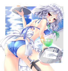 Rule 34 | 1girl, akairo no mako, apron, ass, bad perspective, bare back, bikini, blue bikini, blush, border, bow, braid, breasts, butt crack, cameltoe, chalice, collarbone, cup, drink, drinking glass, drinking straw, female focus, frilled apron, frills, from below, glass, hair between eyes, hair over shoulder, halterneck, highres, holding, holding tray, holster, ice, ice cube, izayoi sakuya, juice, knife, leaning forward, looking at viewer, looking back, maid, maid apron, maid headdress, medium breasts, napkin, open mouth, outside border, red eyes, short hair, shoulder blades, sideboob, silver hair, solo, sweat, swimsuit, thigh holster, thigh strap, touhou, tray, twin braids, umbrella, waist apron, white border