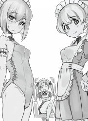 Rule 34 | 3girls, alternate costume, apron, arm garter, blush, bow, bowtie, breasts, chair, closed eyes, closed mouth, collared dress, commentary, covered navel, crossed arms, crossed legs, dress, enmaided, facing viewer, fake tail, frown, girls und panzer, greyscale, hair ribbon, hand on own hip, highleg, highleg leotard, highres, juliet sleeves, kadotani anzu, kawashima momo, koyama yuzu, leotard, long hair, long sleeves, looking at viewer, maid, maid apron, maid headdress, medium hair, monochrome, monocle, monomono, multiple girls, office chair, open mouth, panties, pantyshot, parted bangs, playboy bunny, pleated dress, puffy sleeves, rabbit tail, ribbon, semi-rimless eyewear, short dress, short hair, short ponytail, sitting, small breasts, smile, standing, strapless, strapless leotard, sweatdrop, swivel chair, tail, twintails, under-rim eyewear, underwear
