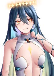 Rule 34 | 1girl, absurdres, bare shoulders, black hair, blue hair, breasts, center opening, character request, closed mouth, commentary, hair between eyes, highres, honkai (series), honkai impact 3rd, leaning to the side, leotard, long hair, medium breasts, orange eyes, pyeong-il pyeongil, simple background, solo, symbol-only commentary, upper body, very long hair, white background, white leotard