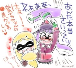 Rule 34 | 2girls, arms up, blush, closed eyes, crazy eyes, emphasis lines, eromame, fangs, hat, heart, inkling, inkling girl, inkling player character, jacket, long sleeves, multiple girls, nintendo, open mouth, paint roller, pointy ears, simple background, smile, splat roller (splatoon), splatoon (series), splatoon 1, squid, tears, tentacle hair, track jacket, translation request, upper body, weapon, white background, wide-eyed, wince, yuri