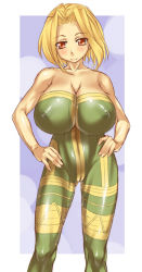 Rule 34 | 1girl, artist request, bare shoulders, blonde hair, blush, bodypaint, breasts, cameltoe, cleavage, covered erect nipples, false clothes, female focus, final fantasy, final fantasy tactics, hands on own hips, head tilt, huge breasts, inverted nipples, looking at viewer, monk, monk (fft), nipples, painted clothes, pussy juice, red eyes, short hair, smile, solo, thigh gap, thighs, wet
