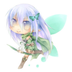 Rule 34 | 1girl, arm warmers, black gloves, boots, bow (weapon), brown footwear, butterfly hair ornament, chibi, closed mouth, commentary request, elbow gloves, full body, gloves, green scarf, green shirt, green shorts, grey eyes, hair between eyes, hair ornament, holding, holding bow (weapon), holding weapon, light purple hair, long hair, looking at viewer, lunaraven, pointy ears, ragnarok online, ranger (ragnarok online), running, scarf, shirt, shorts, sleeveless, sleeveless shirt, smile, solo, weapon, white background