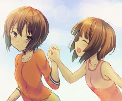 Rule 34 | 10s, 2girls, aged down, bad id, bad pixiv id, closed eyes, closed mouth, collarbone, facing another, girls und panzer, holding hands, interlocked fingers, long sleeves, looking at another, looking back, multiple girls, nishizumi maho, nishizumi miho, open mouth, orange shirt, pink shirt, shimamizu eke, shirt, short hair, siblings, sisters, smile, standing, tank top, upper body