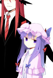 Rule 34 | 2girls, black jacket, blue bow, blunt bangs, bow, capelet, commentary request, crescent, crescent pin, dress, hair bow, hat, hat bow, head wings, height difference, jacket, kazeharu, koakuma, long hair, looking at viewer, mob cap, multiple girls, necktie, patchouli knowledge, purple dress, purple eyes, purple hair, purple headwear, red bow, red hair, red neckwear, shirt, simple background, star (symbol), touhou, upper body, white background, white shirt, wings