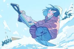 1girl aged_down asymmetrical_bangs beanie black_hair blue_eyes coat commentary eizouken_ni_wa_te_wo_dasu_na! falling freckles goblet_42 hat highres holding holding_shovel kanamori_sayaka puffy_coat red_coat short_hair shovel snow snow_boots snow_on_tree solo yellow_hat