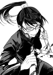 Rule 34 | 1girl, cowboy shot, fighting stance, glasses, greyscale, highres, holding, holding staff, holding weapon, jacket, jujutsu kaisen, jujutsu tech uniform, long hair, long sleeves, looking at viewer, monochrome, ponytail, s o i, school uniform, smile, solo, staff, standing, three section staff, v-shaped eyebrows, weapon, zen&#039;in maki