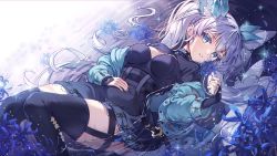 Rule 34 | 1girl, black thighhighs, blue eyes, breasts, ear piercing, edenia euclase, flower, hair ornament, highres, indie virtual youtuber, long hair, looking at viewer, lying, medium breasts, on back, open mouth, piercing, pongu, solo, thighhighs, twintails, virtual youtuber, water, white hair