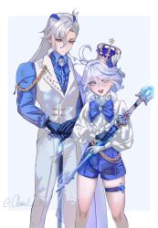 Rule 34 | 1boy, 1girl, ahoge, alternate costume, artist name, ascot, asymmetrical gloves, black gloves, blue ascot, blue bow, blue bowtie, blue brooch, blue eyes, blue hair, blue shorts, blush, bow, bowtie, cane, claude (claud e), closed mouth, cowboy shot, crown, furina (genshin impact), genshin impact, gloves, highres, holding, holding cane, holding staff, light blue hair, long hair, looking at viewer, mismatched gloves, multicolored hair, neuvillette (genshin impact), open mouth, purple eyes, short hair, shorts, sidelocks, simple background, smile, staff, standing, streaked hair, teeth, two-tone hair, upper teeth only, white gloves, white hair
