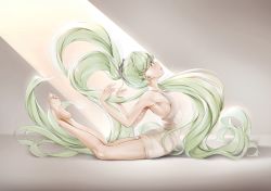 Rule 34 | 1girl, alternate costume, an-telin, aqua eyes, arched back, armpits, bare legs, bare shoulders, barefoot, braid, breasts, commentary request, crossed ankles, crown braid, dress, flexible, full body, green hair, hair ornament, hairclip, hatsune miku, highres, long hair, looking away, looking up, lying, multi-tied hair, sideboob, sleeveless, sleeveless dress, small breasts, soles, solo, toes, twintails, very long hair, vocaloid, white dress