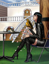 Rule 34 | 1girl, black dress, black footwear, black hair, blue eyes, blunt bangs, boots, closed mouth, commentary request, cup, disposable coffee cup, disposable cup, dress, extra arms, food, full body, hana hana no mi, hat, high heel boots, high heels, holding, holding clothes, holding hat, kamuisouzou, long hair, long sleeves, looking at viewer, nico robin, one piece, outdoors, sandwich, sitting, smile, solo, straw hat