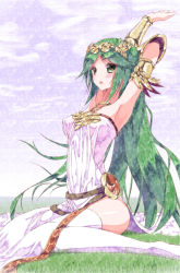 Rule 34 | 1girl, :o, aramachi, armpits, arms up, bare shoulders, belt, blue sky, breasts, bridal gauntlets, circlet, covered erect nipples, dress, grass, green eyes, green hair, highres, jewelry, kid icarus, kid icarus uprising, kneeling, long hair, looking at viewer, matching hair/eyes, necklace, nintendo, open mouth, palutena, side slit, sitting, sky, smile, solo, stretching, thighhighs, very long hair, white dress, white thighhighs