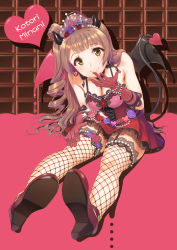 Rule 34 | 10s, 1girl, bar (place), breasts, brown hair, candy, character name, chocolate, chocolate bar, cleavage, demon horns, demon tail, fishnet thighhighs, fishnets, flower, food, full body, gloves, high heels, highres, horns, kitiroku, long hair, looking at viewer, love live!, love live! school idol festival, love live! school idol project, minami kotori, one side up, rose, shoe soles, shoes, smile, solo, tail, thighhighs, tiara, wings, yellow eyes