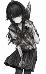 Rule 34 | 1girl, ayano aishi, bags under eyes, black eyes, blood, blood on clothes, blood on hands, chan8016, empty eyes, expressionless, hair intakes, highres, holding, holding knife, knife, long hair, looking at viewer, neckerchief, pale skin, pantyhose, school uniform, serafuku, short sleeves, skirt, solo, white background, yandere simulator