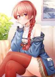 Rule 34 | 1girl, blue jacket, breasts, closed mouth, collared shirt, commentary, couch, crossed legs, elbow on knee, elbow rest, gloves, hand on own cheek, hand on own face, head rest, highres, indoors, jacket, kantai collection, long hair, long sleeves, medium breasts, nevada (kancolle), nevada kai (kancolle), on couch, painting (object), red eyes, red hair, rui shi (rayze ray), shirt, sitting, sleeveless, sleeveless shirt, solo, white gloves, white shirt