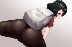Rule 34 | 1girl, absurdres, ass, backpack, bag, black hair, blue eyes, blush, cameltoe, embarrassed, from behind, highres, kaban (kemono friends), kemono friends, looking at viewer, looking back, neukkom, pantyhose, shiny clothes, short hair, solo, thong, thong under pantyhose