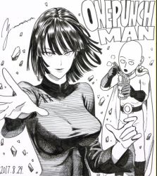 Rule 34 | 1boy, 1girl, 2017, alternate costume, bald, black hair, blunt bangs, breasts, cape, china dress, chinese clothes, chopsticks, covered navel, cup ramen, dated, debris, dress, fubuki (one-punch man), gloves, greyscale, large breasts, lips, long sleeves, looking at viewer, monochrome, murata yuusuke, one-punch man, saitama (one-punch man), short hair, simple background, upper body, white background