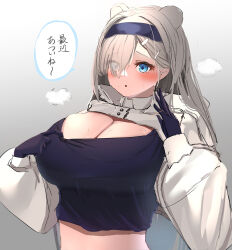 Rule 34 | 1girl, :o, absurdres, animal ears, arknights, aurora (arknights), bear ears, black gloves, black hairband, black shirt, blue eyes, blush, breasts, cleavage, commentary request, crop top, gloves, gradient background, grey background, grey hair, hairband, highres, large breasts, long hair, long sleeves, lycoris-fullbloom, midriff, parted lips, shirt, shrug (clothing), solo, translation request, upper body