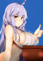 Rule 34 | 10s, 1girl, ahoge, blush, braid, breast rest, breasts, brown eyes, cleavage, crop top, covered erect nipples, from side, granblue fantasy, hair between eyes, large breasts, long hair, looking at viewer, midriff, myumi, navel, open mouth, purple hair, sideboob, signature, silva (granblue fantasy), solo, stomach, thumbs up, twin braids, upper body, very long hair, wavy hair