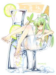 Rule 34 | 1girl, artist name, bare legs, bikini, blush, body blush, bow, breasts, c.c., cleavage, code geass, creayus, cup, drinking glass, food, front-tie top, fruit, full-face blush, green hair, hair bow, high ponytail, in container, in cup, lemon, lemon slice, long hair, lying, mini person, minigirl, mint, ponytail, sandals, solo, swimsuit, very long hair, white bikini, yellow eyes