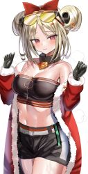 Rule 34 | 1girl, absurdres, bare shoulders, black gloves, black shorts, blonde hair, bow, breasts, cleavage, closed mouth, coat, collarbone, double bun, eyewear on head, girls&#039; frontline, gloves, hair bow, hair bun, hair ornament, hanasaka houcha, hands up, highres, large breasts, looking at viewer, navel, off shoulder, p90 (girls&#039; frontline), p90 (scarlet turbo) (girls&#039; frontline), pink eyes, red bow, red coat, short shorts, shorts, simple background, smile, solo, white background