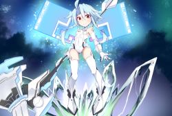 Rule 34 | absurdres, armpits, bare shoulders, blanc (neptunia), blue hair, bodysuit, boots, breasts, gloves, highres, neptune (series), red eyes, shimeji wyvern, short hair, small breasts, thighs, white heart (neptunia)