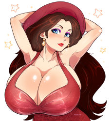 Rule 34 | 1girl, alternate breast size, armpits, arms behind head, artist name, bare arms, bare shoulders, blue eyes, blush, breasts, brown hair, bursting breasts, cleavage, collarbone, donkey kong (series), dress, earrings, eyelashes, eyeshadow, facing viewer, fedora, glint, gold earrings, hat, highres, huge breasts, jewelry, lips, lipstick, long hair, looking at viewer, makeup, mario (series), nintendo, pauline (mario), pinkkoffin, purple eyeshadow, red dress, red hat, red lips, simple background, sleeveless, sleeveless dress, smile, solo, star (symbol), super mario odyssey, upper body, white background