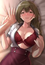 Rule 34 | 1girl, ahoge, bed sheet, blush, bra, braid, braided ponytail, breasts, brown eyes, brown hair, collarbone, commentary request, cowboy shot, from above, high-waist skirt, highres, idolmaster, idolmaster shiny colors, kuwayama chiyuki, large breasts, long hair, looking at viewer, misakichintin, on bed, one breast out, open clothes, open mouth, open shirt, pov, purple skirt, red bra, shirt, shirt tucked in, short sleeves, skirt, smile, solo focus, unbuttoned, underwear, white shirt