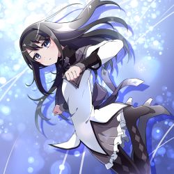 Rule 34 | 1girl, akemi homura, black hair, black hairband, blurry, blush, boots, capelet, clenched hands, closed mouth, commentary request, depth of field, eyelashes, floating hair, grey capelet, grey skirt, hair between eyes, hairband, high heel boots, high heels, highres, long hair, looking at viewer, mahou shoujo madoka magica, mahou shoujo madoka magica (anime), pleated skirt, pon yui, purple eyes, shirt, skirt, solo, white shirt