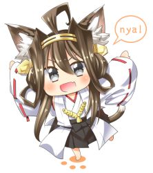 Rule 34 | 10s, 1girl, ahoge, bad id, bad pixiv id, brown hair, chibi, double bun, hairband, kantai collection, kongou (kancolle), long hair, looking at viewer, nontraditional miko, open mouth, ribbon-trimmed sleeves, ribbon trim, shirasagi rokuwa, skirt, smile, solo, white background