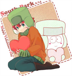 Rule 34 | 1boy, animification, beanie, blush stickers, boots, copyright name, denim, earflap hat, full body, green eyes, hat, heart, jacket, jeans, kneeling, kyle broflovski, maccha (artist), male focus, pants, red hair, smile, solo, south park, sweater, valentine