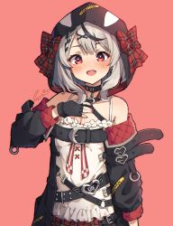 Rule 34 | 1girl, animal hood, belt, black belt, black gloves, bow, breasts, choker, cleavage, fang, frilled shirt, frills, gloves, grey hair, hand on own chest, highres, hololive, holox, long sleeves, looking at viewer, multicolored hair, orca hood, partially fingerless gloves, pink background, plaid, plaid bow, red eyes, sakamata chloe, seion, shirt, simple background, skin fang, smile, solo, streaked hair, virtual youtuber