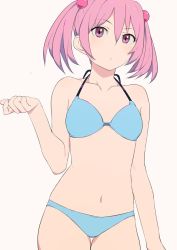 Rule 34 | 1girl, bikini, blue bikini, collarbone, commentary request, kantai collection, low twintails, navel, pink eyes, pink hair, sazanami (kancolle), short hair, sohin, solo, swimsuit, twintails
