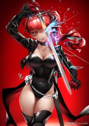 Rule 34 | 1girl, black footwear, black jacket, black leotard, boots, breasts, cleavage, gloves, highres, jacket, leotard, long hair, looking at viewer, patreon username, persona, persona 5, persona 5 the royal, ponytail, red background, red eyes, red gloves, red hair, solo, sword, thigh boots, thighhighs, weapon, yoshizawa kasumi, zasshu