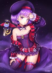 Rule 34 | 1girl, bare shoulders, belt, fate/grand order, fate (series), flat chest, hat, helena blavatsky (fate), helena blavatsky (third ascension) (fate), highres, jacket, looking at viewer, purple eyes, purple hair, rizihike, sefirot, short hair, solo, strapless, thighhighs