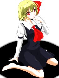 Rule 34 | 1girl, :p, aged up, arm garter, ascot, barefoot, blonde hair, blush, bow, breasts, collarbone, darkness, dress shirt, eyelashes, female focus, finger to mouth, full body, hair bow, highres, long sleeves, looking at viewer, red eyes, rumia, s-ghost, shirt, short hair, simple background, sitting, skirt, skirt set, solo, tongue, tongue out, touhou, vest, wariza, white background, white shirt