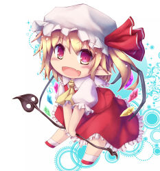 Rule 34 | 1girl, ascot, blonde hair, chibi, flandre scarlet, hat, killing, laevatein, open mouth, red eyes, ribbon, short hair, side ponytail, smile, solo, touhou, wings