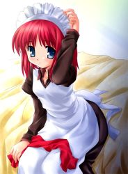 Rule 34 | 00s, 1girl, aoi kumiko, bed, bed sheet, blue eyes, hand on headwear, hisui (tsukihime), long sleeves, looking at viewer, maid, maid headdress, red hair, short hair, sitting, solo, tsukihime