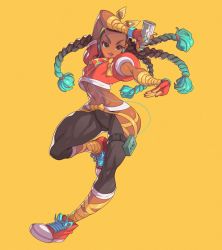 Rule 34 | 1girl, cable, capcom, dark-skinned female, dark skin, highres, kimberly jackson, smartwatch, solo, street fighter, tagme, thighs, watch, wristwatch, yellow background