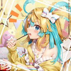 Rule 34 | 1girl, amakawa hano, bare shoulders, blonde hair, blue eyes, blue hair, blush, bow, breasts, camisole, character name, cleavage, collarbone, commentary request, food, hair between eyes, hair bow, hair ornament, highres, holding, holding food, indoors, instagram, jacket, kuria (clear trip second), long sleeves, looking at viewer, multicolored hair, notice lines, off shoulder, open clothes, open jacket, open mouth, pennant, pocky, puffy long sleeves, puffy sleeves, re:act, sleeves past wrists, small breasts, solo, star (symbol), star hair ornament, string of flags, stuffed animal, stuffed cat, stuffed rabbit, stuffed toy, sweat, teeth, two-tone hair, upper teeth only, virtual youtuber, white bow, white camisole, yellow jacket