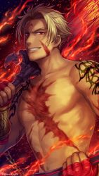 Rule 34 | 1boy, abs, arm tattoo, artist name, beard, beowulf (fate), blonde hair, chain, facial hair, facial scar, fate/grand order, fate (series), fingerless gloves, fire, flaming sword, flaming weapon, gloves, grin, hagino kouta, holding, holding sword, holding weapon, looking at viewer, male focus, muscular, navel, parted bangs, red eyes, red gloves, scar, scar on cheek, scar on chest, scar on face, scar on forehead, signature, smile, solo, sword, tattoo, topless male, upper body, v-shaped eyebrows, weapon