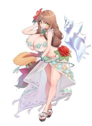 Rule 34 | 1girl, absurdres, bikini, black survival, breasts, brown hair, cleavage, clover, conch, eternal return: black survival, flower, green eyes, gweon sua, hair flower, hair ornament, hat, highres, huge breasts, long hair, looking at viewer, official alternate costume, sandals, sarong, shamrock, simple background, solo, straw hat, swimsuit, symbol-shaped pupils, toes, very long hair, white background, yabby