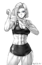 Rule 34 | 1girl, abs, android 18, blue eyes, breasts, cleavage, dragon ball, dragonball z, hand wraps, highres, looking to the side, medium breasts, muscular, muscular female, numbered, robusta mania, short hair, shorts, signature, simple background, solo, tank top, toned, white background