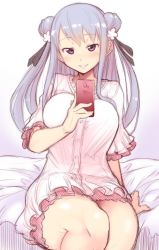 Rule 34 | 1girl, black ribbon, blouse, blue background, blue hair, blush, breasts, cellphone, double bun, gradient background, hair bun, hair ribbon, hidamari sketch, highres, holding, holding phone, kagami uekusa, large breasts, long hair, matsuri (hidamari sketch), parted lips, phone, purple eyes, ribbon, shirt, sitting, sketch, smartphone, smile, solo, teeth, thighs, white shirt