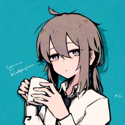 Rule 34 | 1girl, absurdres, black necktie, blue background, brown hair, closed mouth, collared shirt, commentary, commission, cup, drop shadow, english commentary, girls&#039; frontline, hair between eyes, hands up, highres, holding, holding cup, long hair, long sleeves, looking at viewer, m200 (girls&#039; frontline), mug, necktie, purple eyes, rnna, shirt, simple background, solo, twitter username, upper body, white shirt